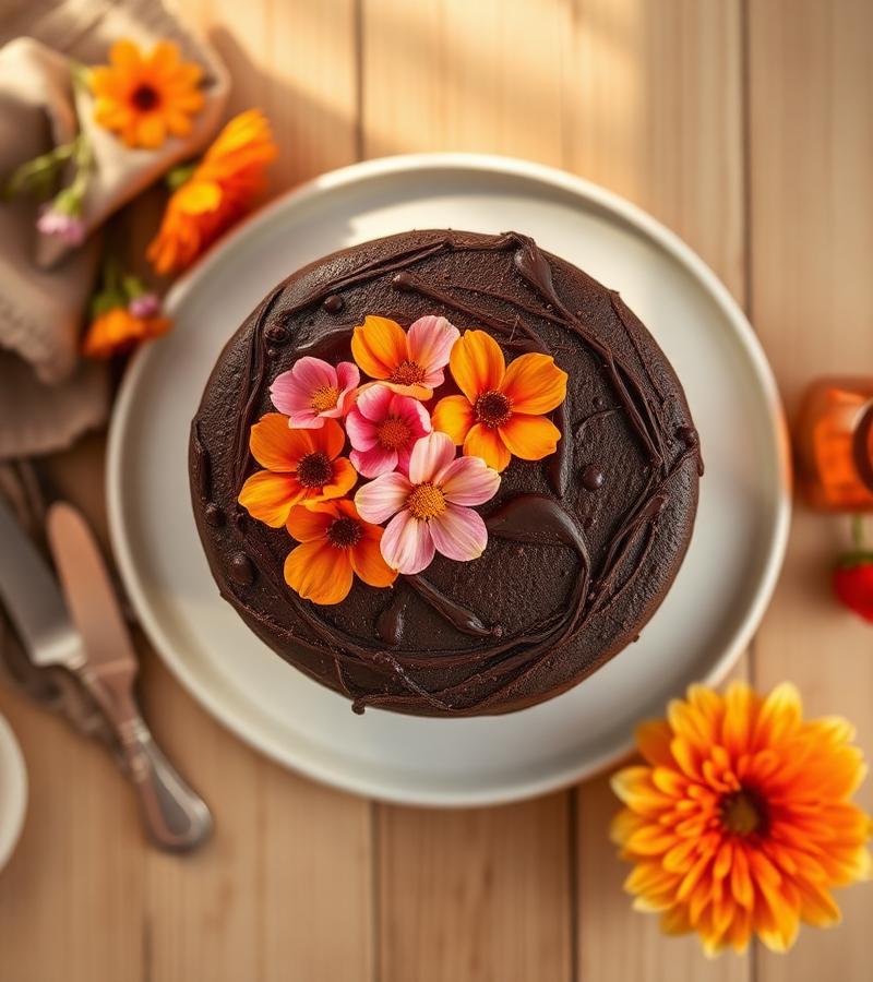 Chokladtårta dekorerad med orangea och rosa blommor